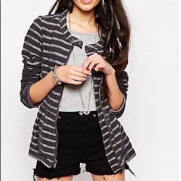 Free People Gray Striped Zip Closure Medium Weight Peplum Jacket - Picture 3 of 11